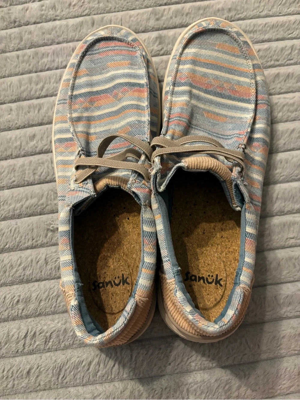 Men’s Sanuk Shaka Lite 2 Blanket Loafers Blue Multi-Stripe Pattern Size 13